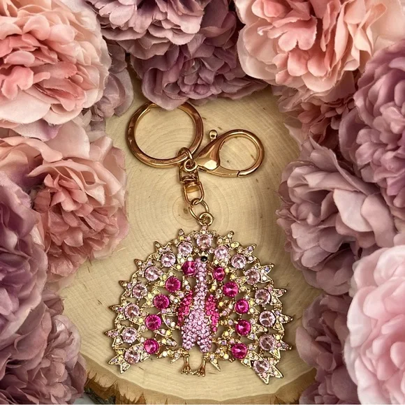 Beautiful Pink Crystal Peacock Keychain Charm - Picture 6 of 14